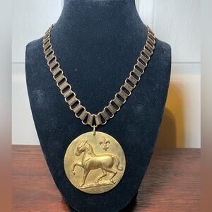 Bronze Equestrian Medallion Necklace | Horse & Fleur-de-Lis Statement
